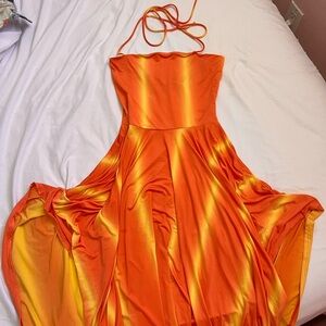 Fashion Nova Orange and Yellow Halter Maxi Dress